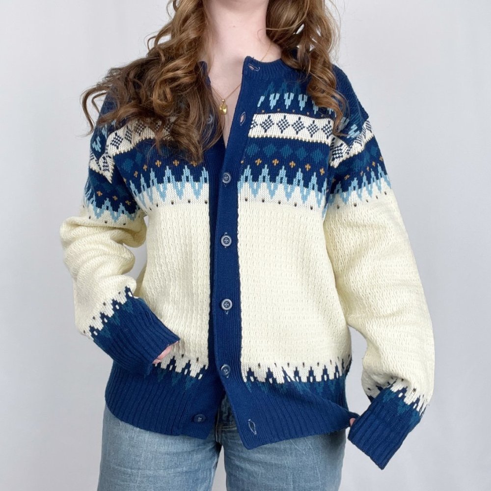 Vintage Fair Isle Cardigan Sweater Scandinavian Ski Winter Grandpa Oversized 80s